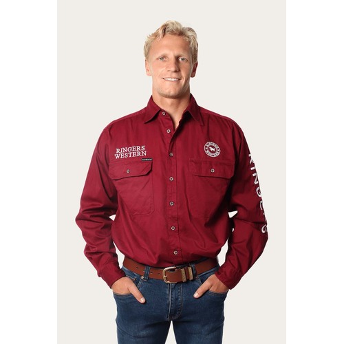 Ringers Western Mens Hawkeye Full Button Work Shirt (118110002) Burgundy/White Embroidery L [GD]