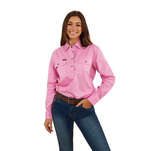 Ringers Western Womens Longdale Half Button Work Shirt (222156RW) Pastel Pink/Navy 6 [GD]