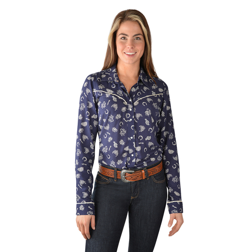 Wrangler Womens Edgewood Print L/S Western Shirt (X3W2137961) Navy/Ivory [SD]