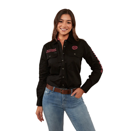 Ringers Western Womens Signature Jillaroo Full Button Work Shirt (218110002) Black/Melon Embroidery 6 [GD]