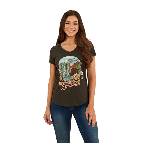 Ringers Western Womens Country Girls S/S V Neck Tee (222152RW) Charcoal 6 [GD]