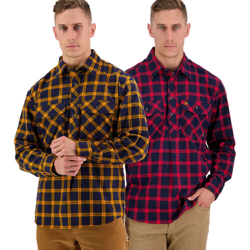  Swanndri Mens Egmont Flannel Half Button Shirt, Twin Pack (SSE2232A) Red/Gold S  [SD]