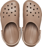 The Crocs Unisex Classic Clogs (10001-2Q9) in Latte by Crocs feature multiple ventilation holes and adjustable heel straps, offering comfortable, water-friendly everyday wear. Seen from above, these light brown clogs are designed for all-day comfort.