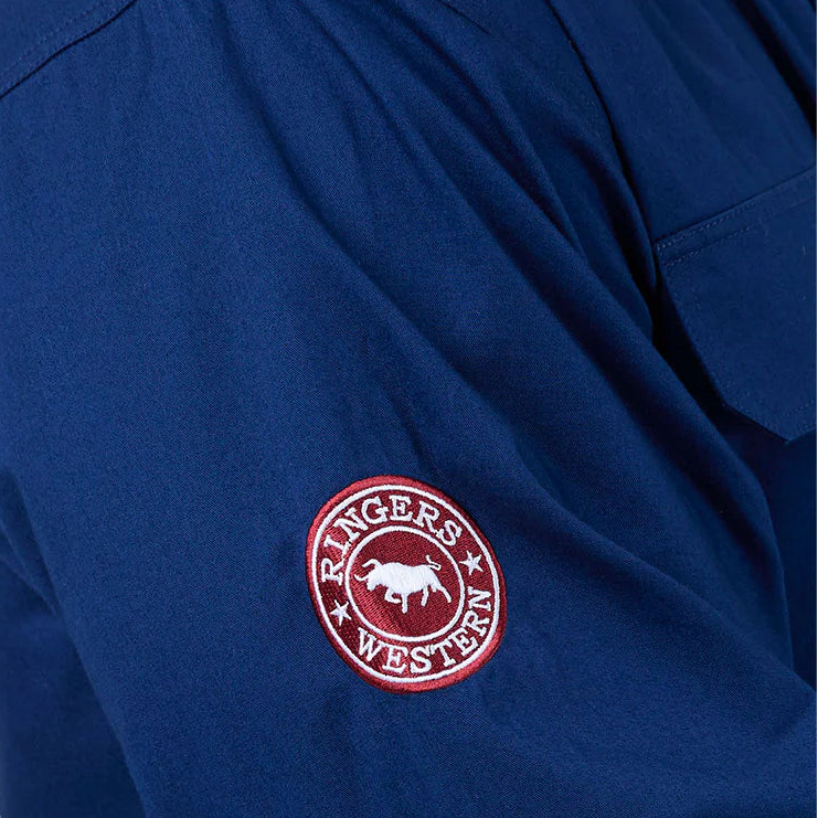 Close-up of a blue shirt with a red and white logo on the sleeve.