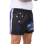 Black rugby shorts with a blue and white side stripe, white star pattern, a circular 'Ringers Western' logo, and a truck graphic on the lower left leg, shown on a model.