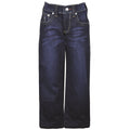 Thomas Cook Boys Bass Stretch Jeans (TCP3202072) in Bass Wash feature dark blue denim, yellow stitching, front button and zipper, classic five pockets, and stretch for comfort, shown upright on a white background.