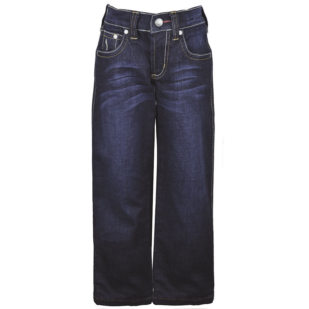 Thomas Cook Boys Bass Stretch Jeans (TCP3202072) in Bass Wash feature dark blue denim, yellow stitching, front button and zipper, classic five pockets, and stretch for comfort, shown upright on a white background.