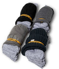 The CAT Beanie & Sock Bundle Pack (1490049) features four pairs of grey socks and assorted black and grey CAT branded beanies and hats, all displayed on a white background.