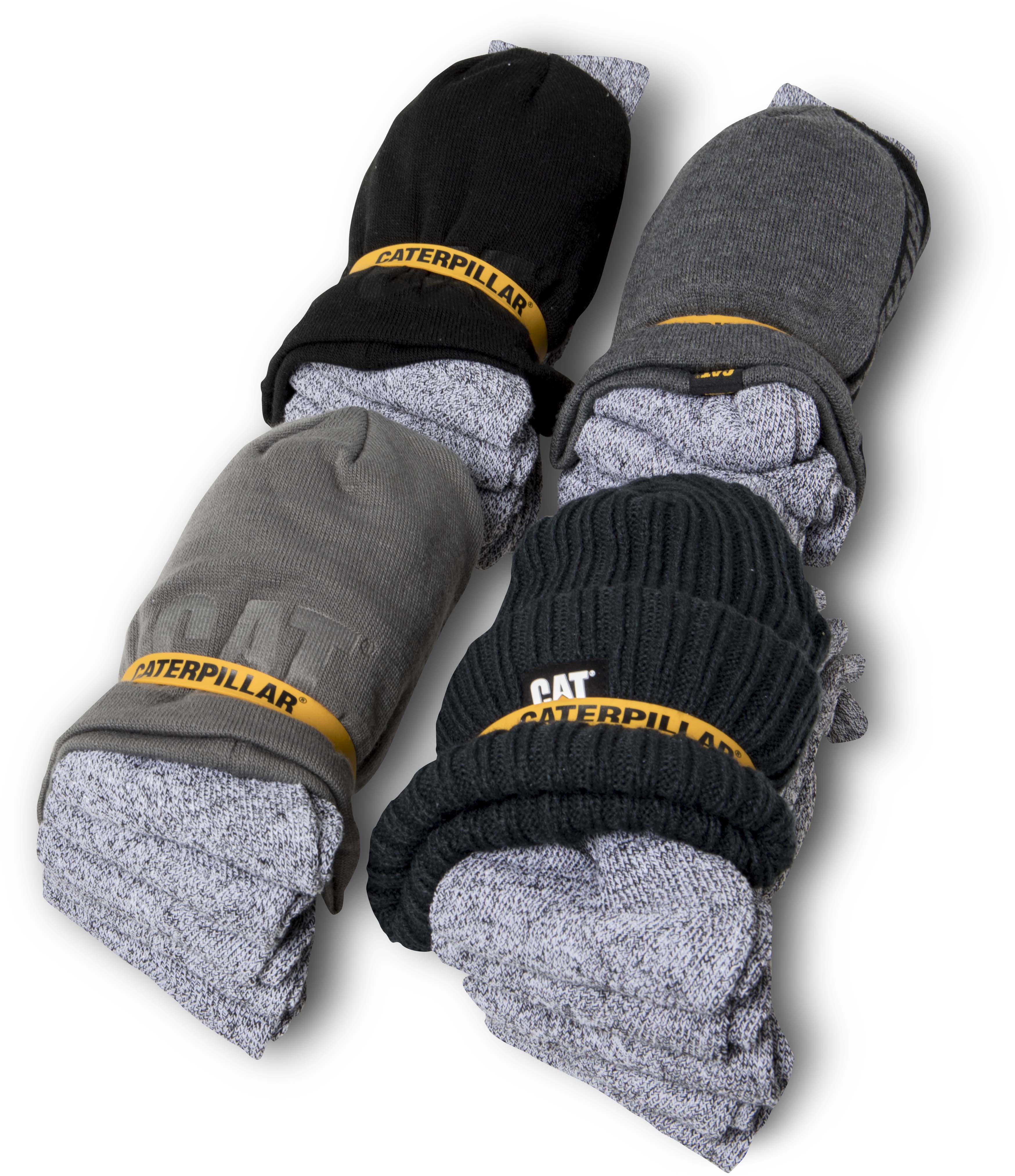The CAT Beanie & Sock Bundle Pack (1490049) features four pairs of grey socks and assorted black and grey CAT branded beanies and hats, all displayed on a white background.