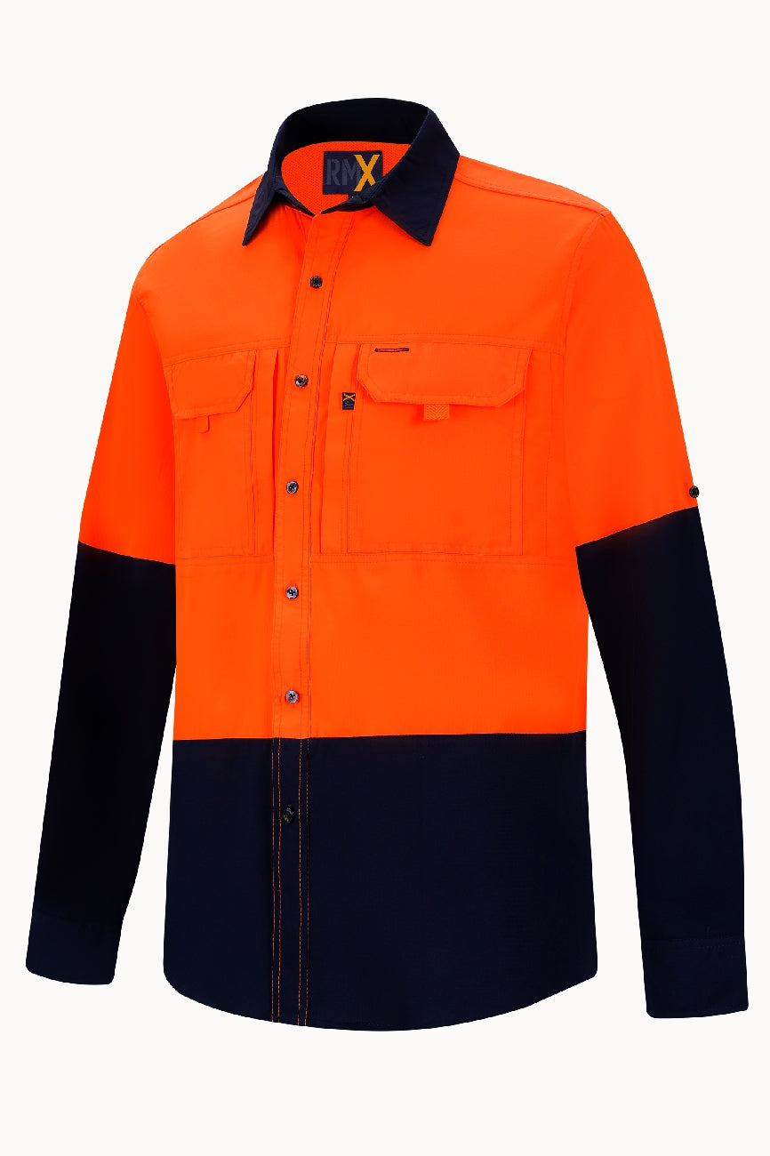 Ritemate Mens RMX Flexible Fit Two Tone L/S Utility Shirt (RMX020) Orange/Navy
