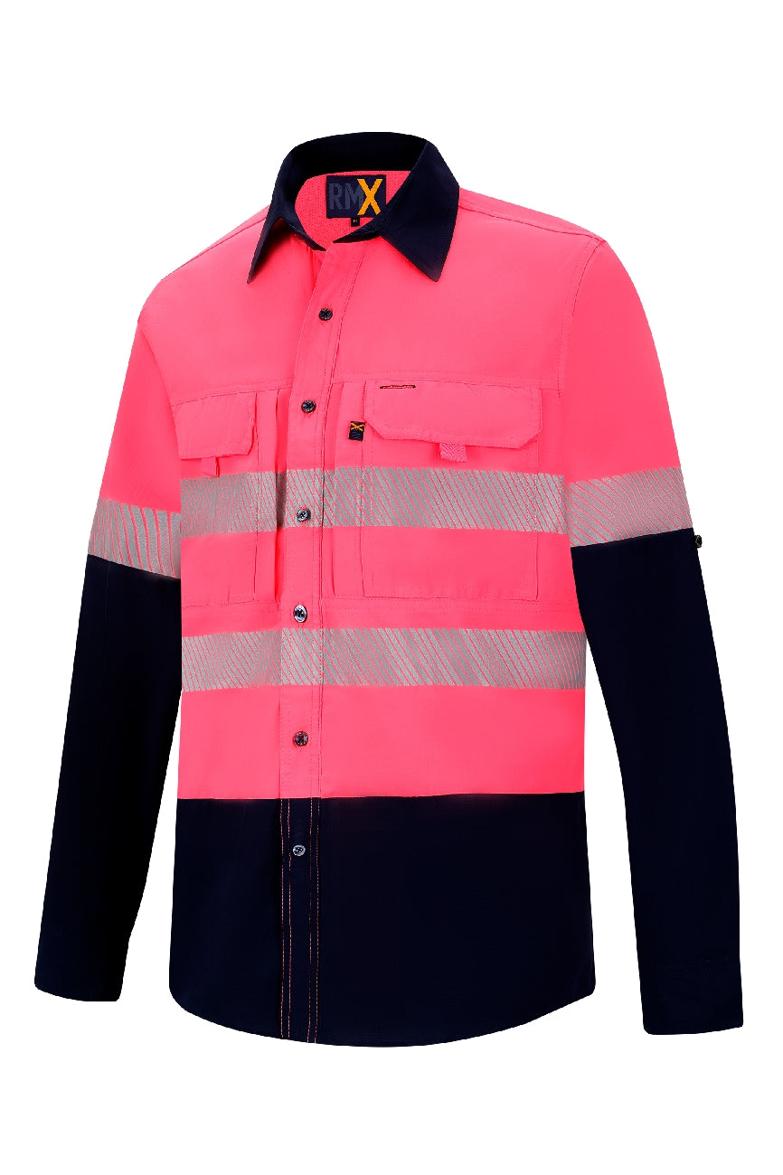 Ritemate Mens RMX Flexible Fit Two Tone Reflective L/S Utility Shirt (RMX020R) Pink/Navy