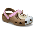 The Crocs Toddlers Classic IAM Horse Clogs (211371-2JJ) in Milk Chocolate feature playful horse details, a white toe, brown ears, pink strap with stars, pink star charm, and a blonde faux ponytail—fun and easy to clean for toddlers.