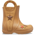 The Crocs Toddlers Handle It Western Boots (212549-2HI) in Umber feature a tan color, star and stitching details, cut-out handles, and colorful star accents near the toe for a western-inspired look.