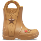The Crocs Toddlers Handle It Western Boots (212549-2HI) in Umber feature a tan color, star and stitching details, cut-out handles, and colorful star accents near the toe for a western-inspired look.