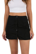 A woman wears a white sleeveless crop top paired with the Ringers Western Womens Jynette Button Down Mini Skirt in black, featuring a high-waisted fit, front buttons, and subtle floral embroidery from Ringers Western.
