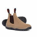 The Mongrel Mens Suede Elastic Sided Safety Boots (240040) Wheat feature a tan suede finish, steel toe cap, black elastic side panels, orange and blue pull tabs, and rugged slip-resistant black rubber soles. One boot stands upright; the other lies behind it.