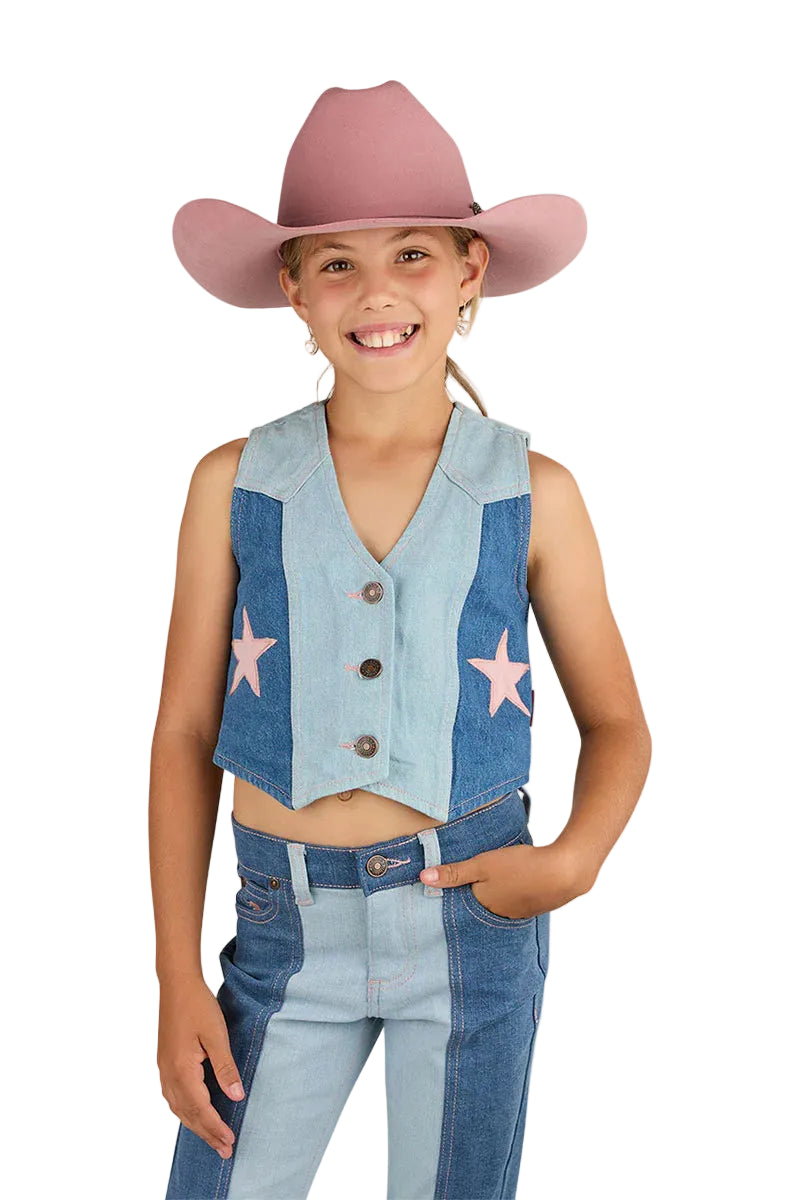 A smiling child wears the Ringers Western Children's Ella Panel Vest (325016RW) in Vintage Light Blue/Dark Mid Blue, paired with matching high-waisted, striped denim pants and a pink wide-brimmed hat.
