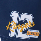 Navy shorts with '12 Ringers' logo on a light background