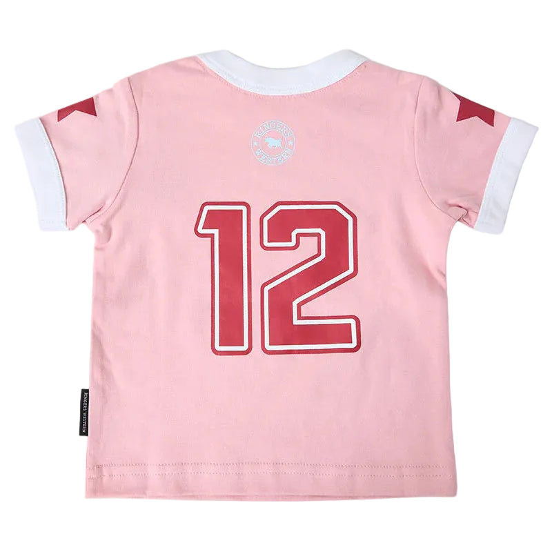 A light pink short-sleeve baby jersey shown from the back, featuring a large red number 12 with a white outline, white ribbed collar and sleeve cuffs, and small red details on the shoulders.