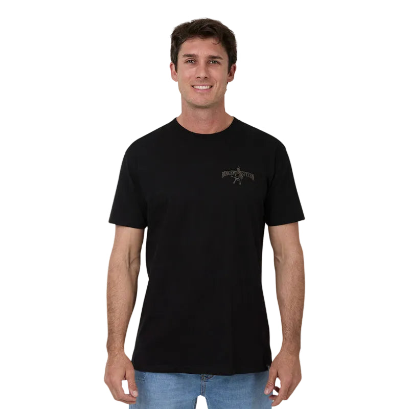 Man wearing a black t-shirt with a logo on a white background