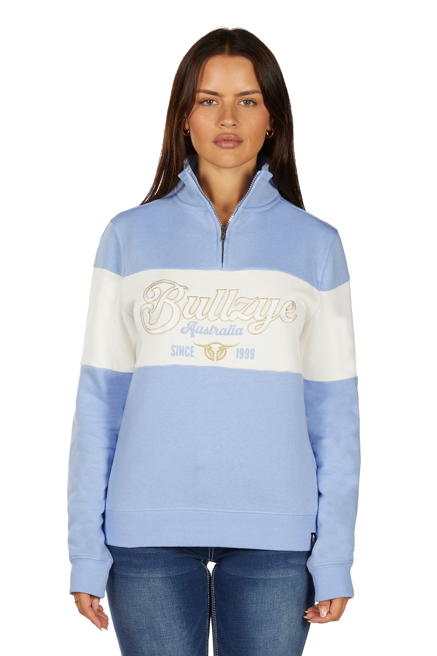 Bullzye Womens Kai 1/4 Zip Pullover (B6W2597531) Light Blue/Cream