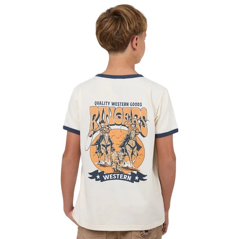 Child wearing a white t-shirt with a 'Ringers Western' graphic on the back, standing against a white background.