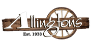 Logo for "Allingtons" featuring stylized white text over a wooden plank, with a large wagon wheel in the background and "Est. 1978" written underneath in black.