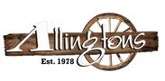 Logo for "Allingtons" featuring stylized white text over a wooden plank, with a large wagon wheel in the background and "Est. 1978" written underneath in black.