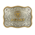 The Ariat Antique Silver and Gold Buckle (A37007) features ornate floral engravings, a rope border, and "ARIAT" below a shield logo—perfect for adding classic western style to any outfit.