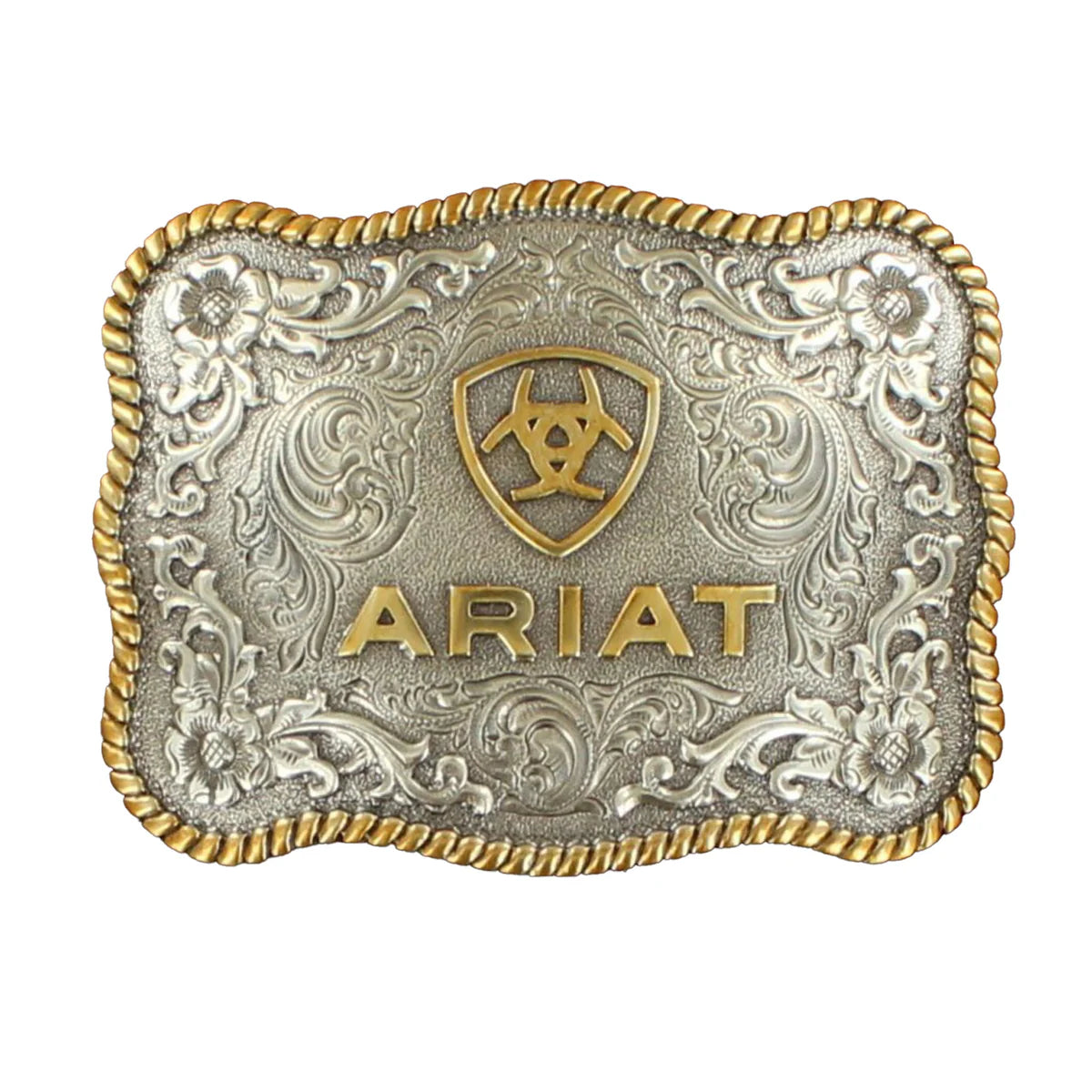 The Ariat Antique Silver and Gold Buckle (A37007) features ornate floral engravings, a rope border, and "ARIAT" below a shield logo—perfect for adding classic western style to any outfit.