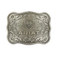 The Ariat Antique Silver Buckle (A37006) features ornate floral engravings, rope-style edging, and "ARIAT" below a shield logo—an elegant western accessory from Ariat for any belt collection.