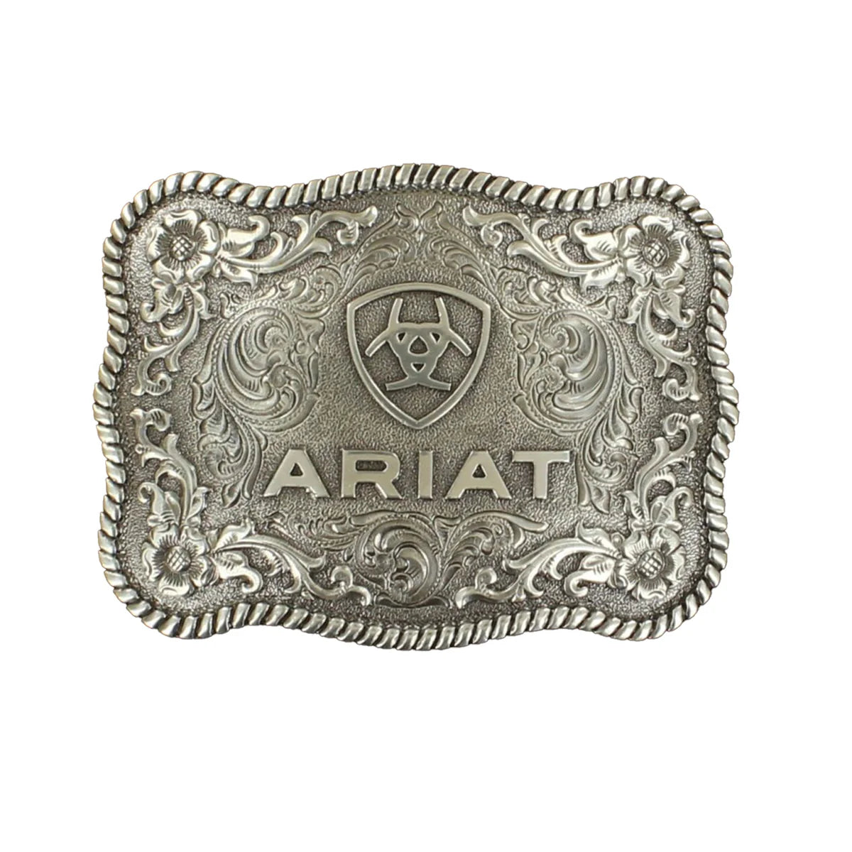 The Ariat Antique Silver Buckle (A37006) features ornate floral engravings, rope-style edging, and "ARIAT" below a shield logo—an elegant western accessory from Ariat for any belt collection.