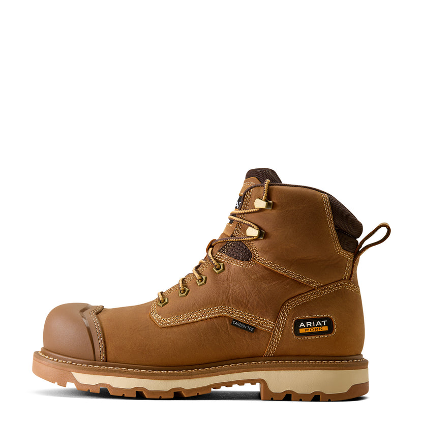 A single Ariat work boot in brown leather with a protective toe cap, lace-up front, and a tan outsole, shown from a side profile on a white background.