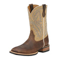 The Ariat Mens Quickdraw Boots (10002224) feature a tumbled bark brown full-grain leather foot, a beige shaft with blue and white stitching, square toe, pull straps, and stacked wooden heel.