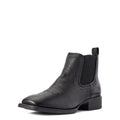The Ariat Mens Sport Booker Western Boots (10031453) in black full-grain leather feature a low heel, elastic side panels, and a pull tab, shown against a white background.