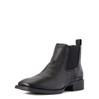 The Ariat Mens Sport Booker Western Boots (10031453) in black full-grain leather feature a low heel, elastic side panels, and a pull tab, shown against a white background.