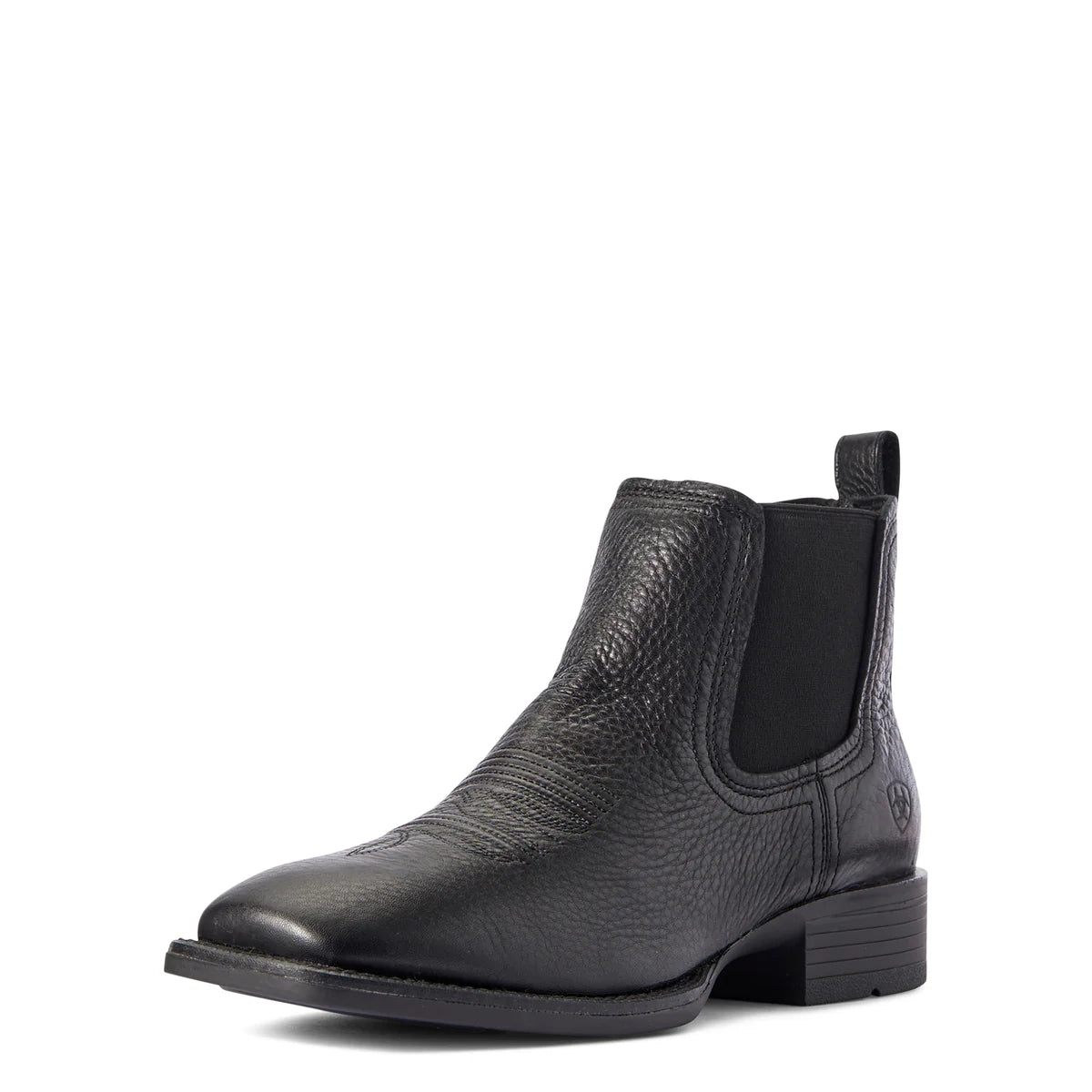 The Ariat Mens Sport Booker Western Boots (10031453) in black full-grain leather feature a low heel, elastic side panels, and a pull tab, shown against a white background.