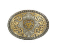 The Ariat Oval Beaded Edge Ariat Logo Buckle (A37005) features ornate gold and silver floral engravings, a detailed beaded edge, and a central shield with the Ariat logo—a classic example of Ariat's filigree buckle design.