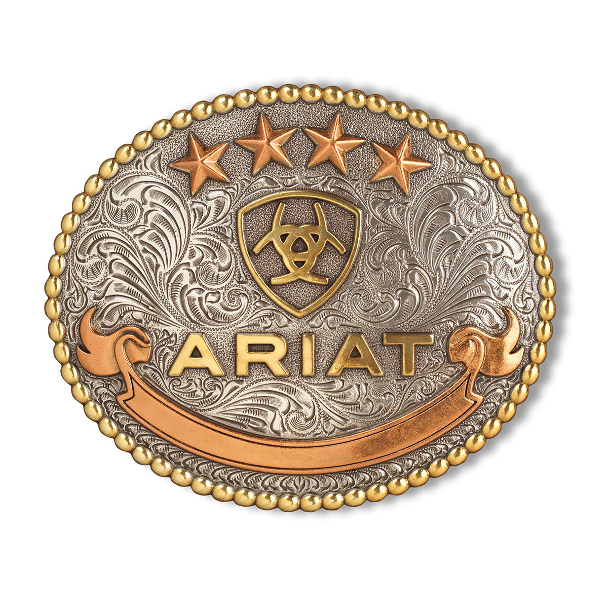 The Ariat Oval Beaded Edge Buckle (A37055) features gold trim, four gold stars, a central shield emblem, floral scrollwork, and "ARIAT" in gold letters. Finished in aged silver and aged gold by Ariat.