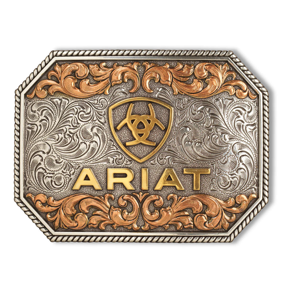 The Ariat Rectangle Raised Ariat Logo Buckle (A37054) in aged silver and gold features ornate floral engravings, a raised gold "ARIAT" text, and the iconic shield logo with horseshoe and star.