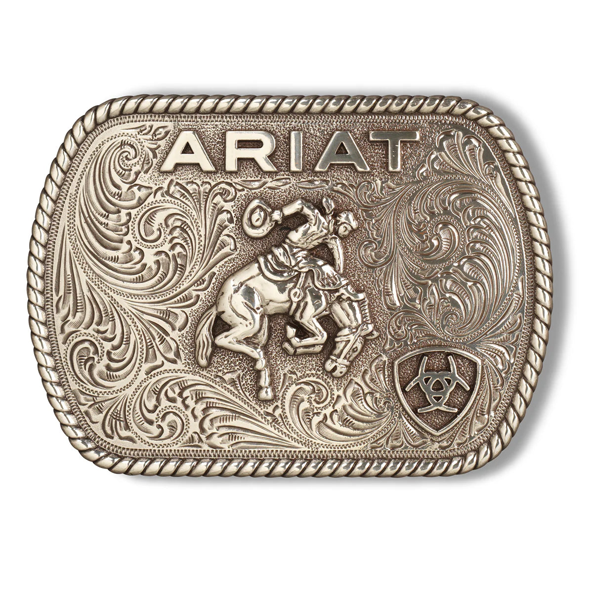 The Ariat Rectangle Vintage Saddle Bronc Buckle (A37053) in aged silver features ornate scrolling, "ARIAT" at the top, a cowboy riding a bronc in the center, and the Ariat logo inside a shield at the lower right.