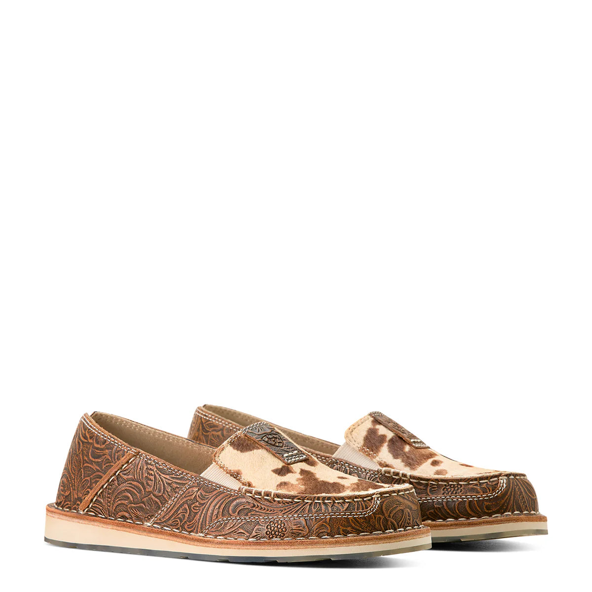 Ariat Womens Cruiser Slip On Western Shoes (10053680) Tan Floral Emboss/Tan and White Brindle Hair On