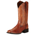 The Ariat Womens Round Up Remuda Western Boot (10019905) by Ariat features naturally rich brown full-grain leather, detailed embroidery, pull straps, a low heel, pointed toe, and decorative stitching—ideal for any cowgirl boots collection.