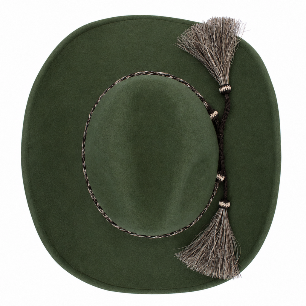 A top view of an olive green Avenel Hats Children's The Wrangler Hat (91063) with a braided band on a white background.