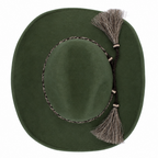 A top view of an olive green Avenel Hats Children's The Wrangler Hat (91063) with a braided band on a white background.