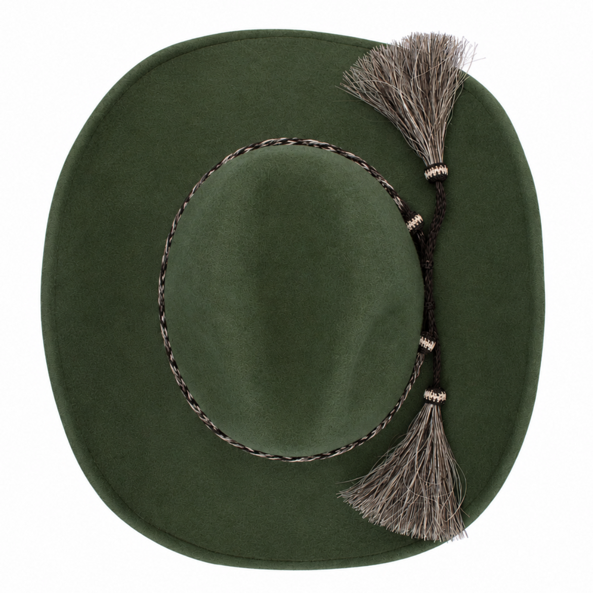 A top view of an olive green Avenel Hats Children's The Wrangler Hat (91063) with a braided band on a white background.