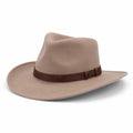 The Avenel Hats Mens Buck Australian Wool Felt Outback Hat (21894) in putty features a wide brim and a brown leather band around the crown, shown on a white background.