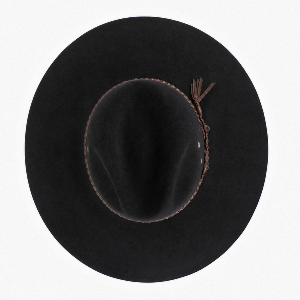 A black Avenel The Overflow hat shown from a top-down view, featuring a brown braided band, set against a plain white background.

