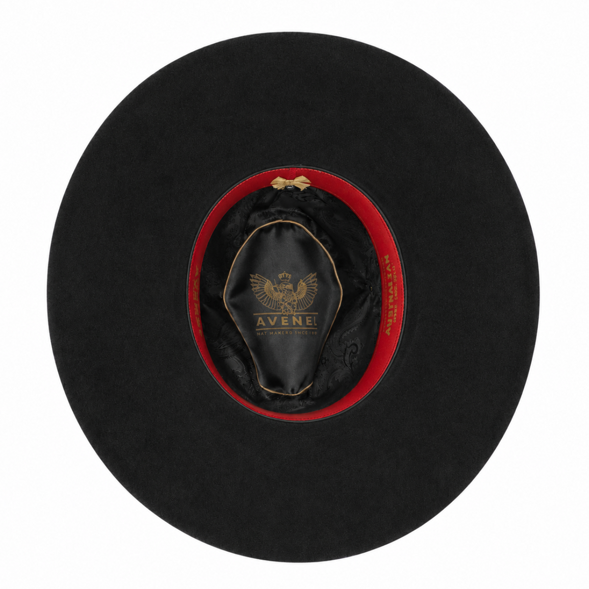 A black Avenel The Overflow hat shown from the inside, featuring a red inner band, and a gold Avenel logo.

