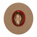 An inner view of a donkey coloured cowboy style Avenel The Overflow Western Hat (22100) with a braided brown band on a white background.
